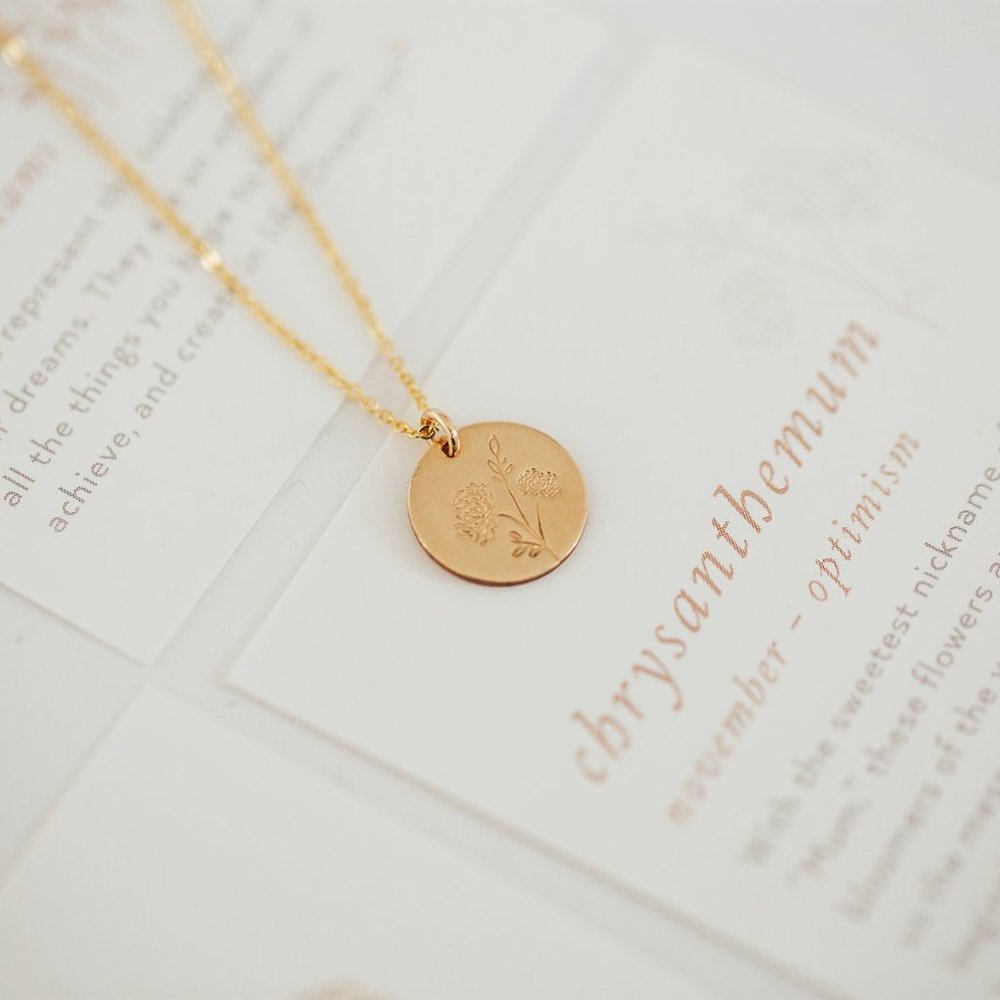November Chrysanthemum Birth Flower Charm Necklace - Picture 3 of 13